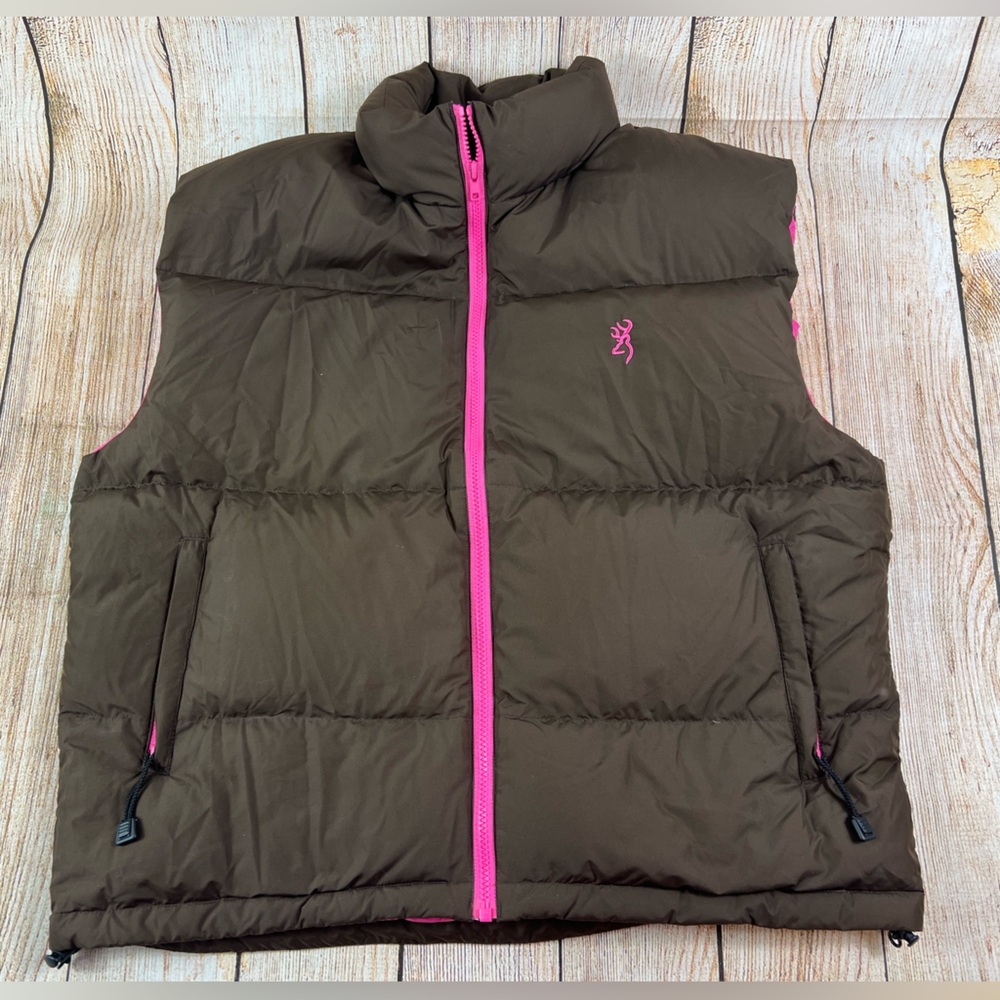Women’s Browning Deer Goose Down Puffer Full Zip Vest Brown Pink Size Large